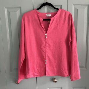 Toofan Womens Linen Pink V-Neck Tunic Blouse Small Relaxed Lagenlook Coastal